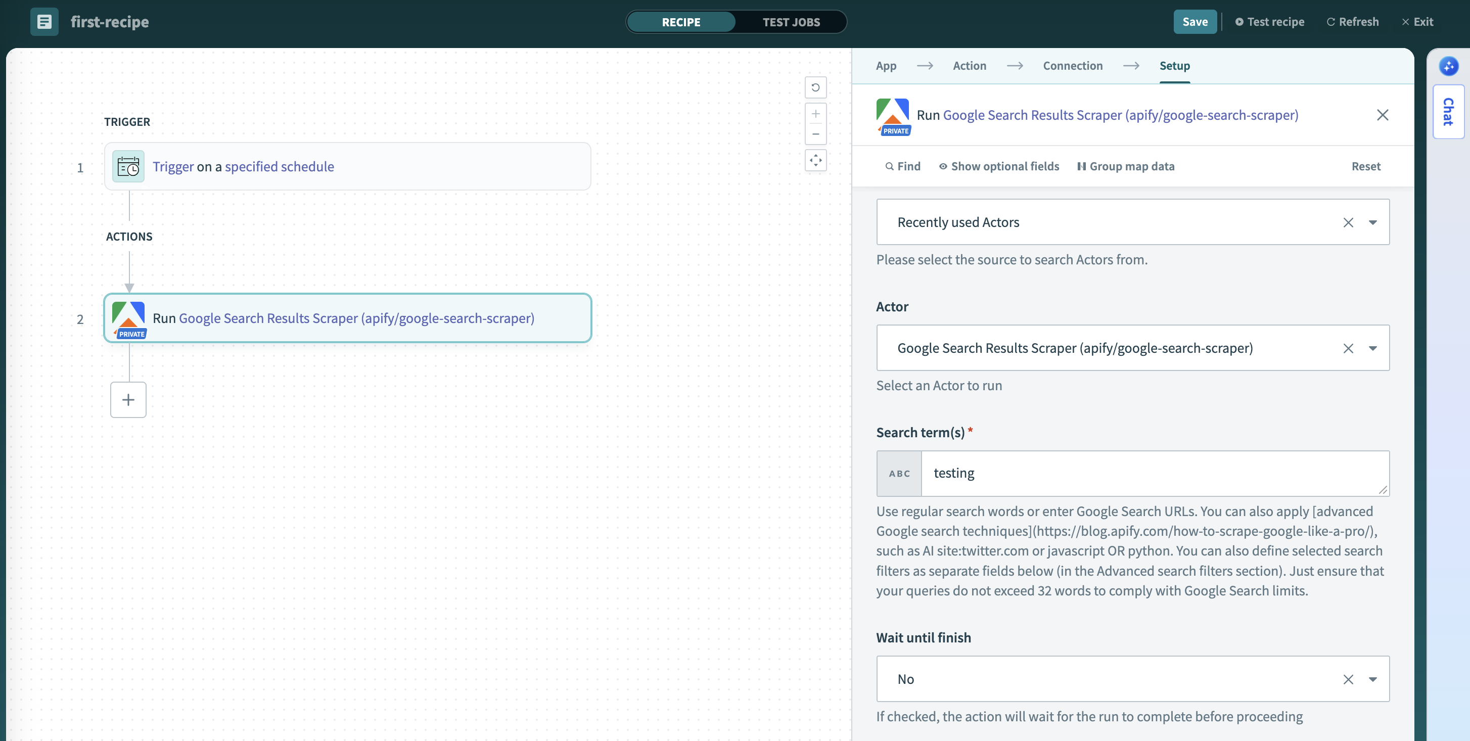 Screenshot of the Run Actor action configuration interface in Workato